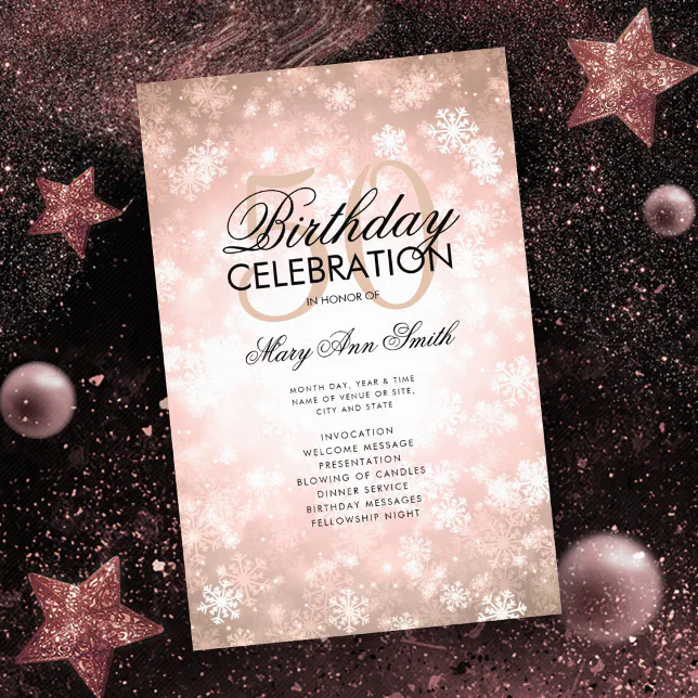 Rose Gold Program Winter 50 Birthday Program Rose Gold Glam Menu Flyer | Zazzle