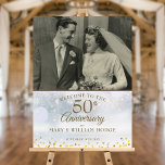 Winter 50th Anniversary Wedding Photo Welcome Sign<br><div class="desc">Personalize with your favorite wedding photo and your special 50th golden wedding anniversary celebration details in chic gold typography on a winter snowflakes background. Designed by Thisisnotme©</div>
