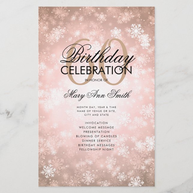 Winter 60 Birthday Program Rose Gold Menu Flyer (Front)