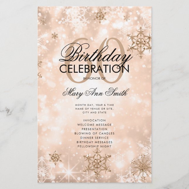Winter 60th Birthday Program Rose Gold w/ Menu Flyer (Front)
