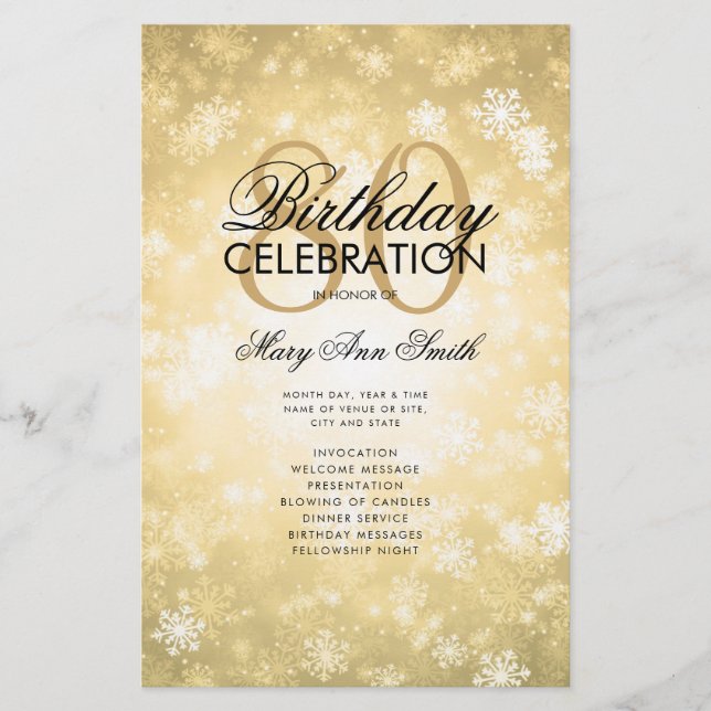 Winter 80th Birthday Program Gold Wonderland Menu Flyer (Front)