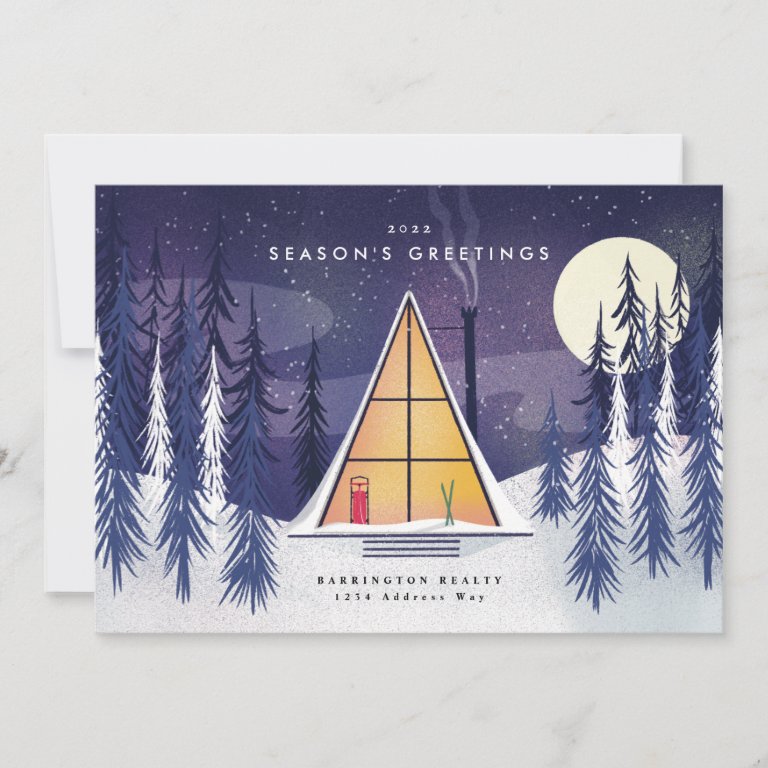 Winter A Frame Ski Chalet Illustrated Holiday                    Card