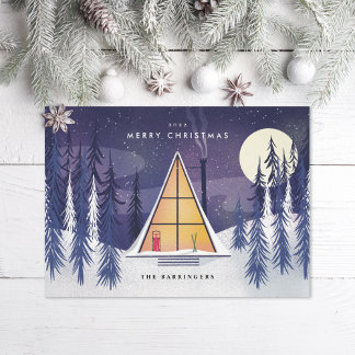 Winter A Frame Ski Chalet Illustrated Photo Holiday Card
