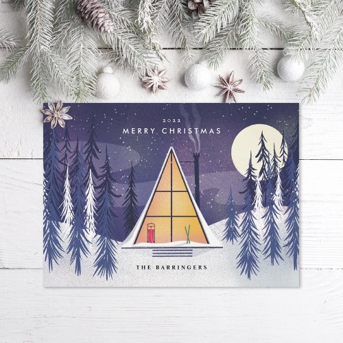 Winter A Frame Ski Chalet Illustrated Photo Holiday Card