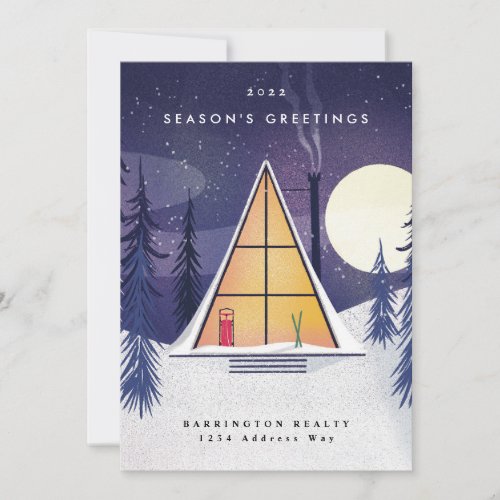 Winter A Frame Ski Chalet Illustrated Portrait Holiday Card