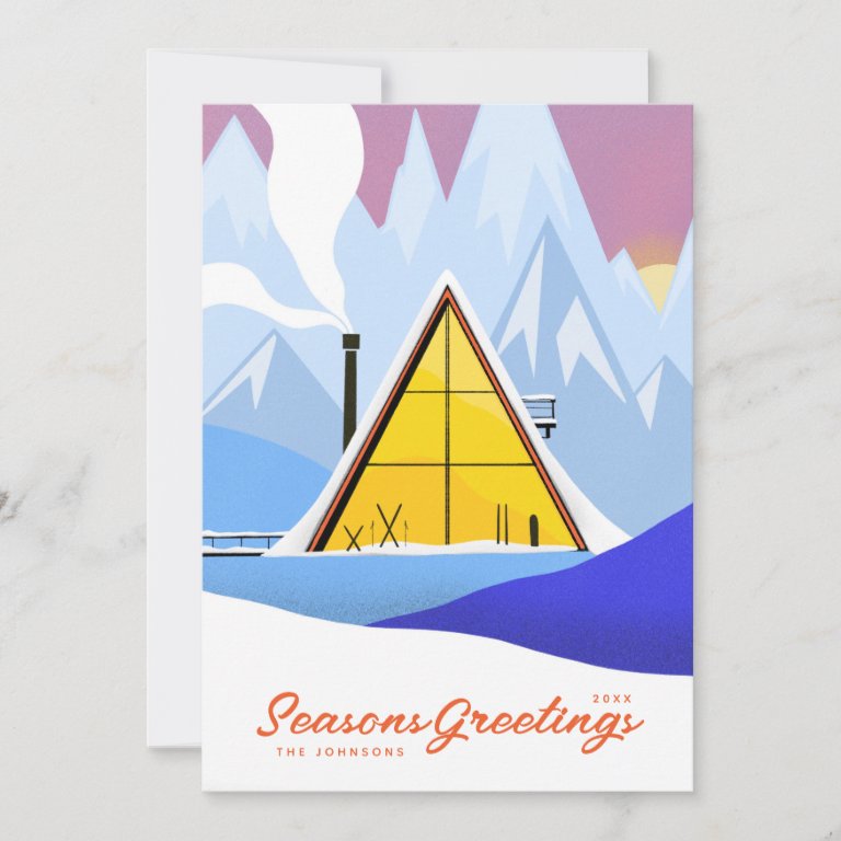 Winter A Frame Ski Chalet Retro Holiday Card