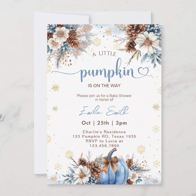 Winter a Little Pumpkin Blue  Baby Shower  Invitation (Front)