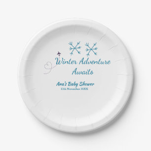 Winter Adventure awaits baby shower blue snowflake Paper Plates