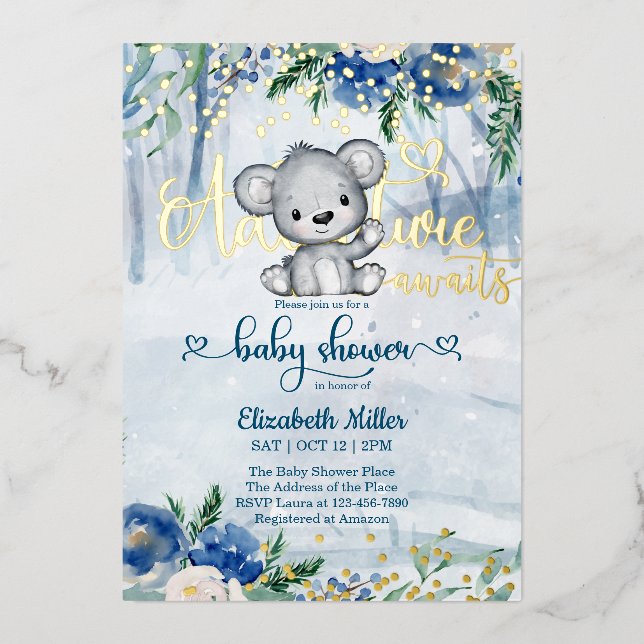 Winter Adventure Awaits Polar Bear Baby Shower Foil Invitation (Front)
