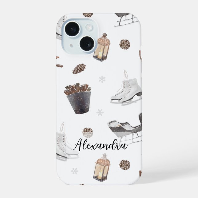 Winter Adventure, Pine Cones, Sleds, Ice Skates Iphone Case (Back)