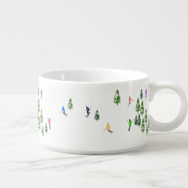 Winter Aerial Skiers Skiing Illustration Bowl (Left)