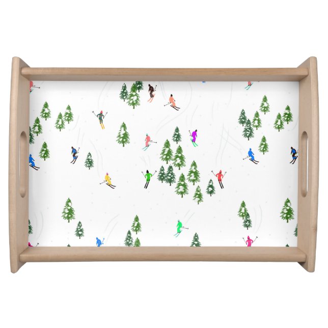 Winter Aerial Skiers Skiing Illustration Serving Tray (Front)