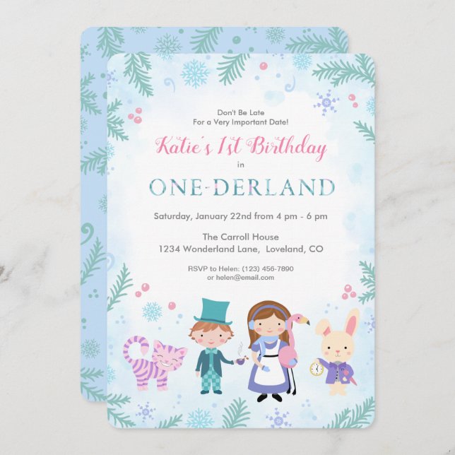 Winter Alice in One-derland Girls First Birthday Invitation (Front/Back)