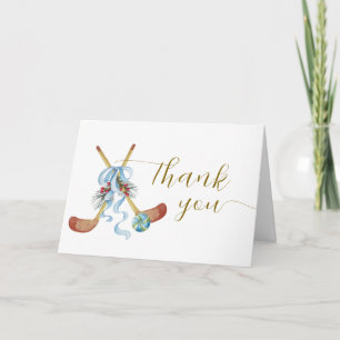 Winter All Star Bow Floral Hockey Baby Shower Letterpress Thank You Card