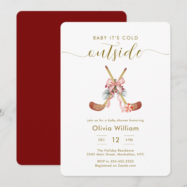 Winter All Stars Bow Hockey Girl Baby Shower Invitation (Front/Back)