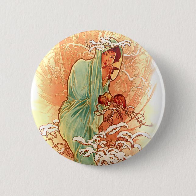 Winter - Alphonse Mucha Art Nouveau Button (Front)