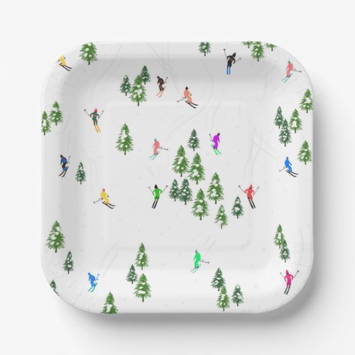 Winter Alpine Skiers Skiing Ski Skis Pattern Paper Plates