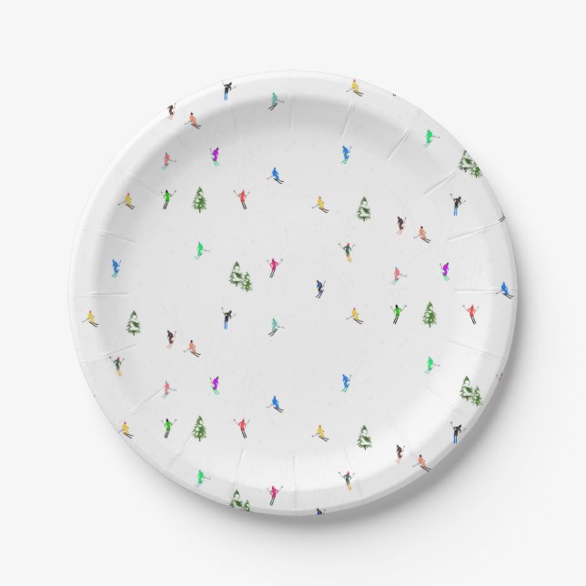 Winter Alpine Skiers Skiing Ski Skis Pattern Paper Plates (Front)