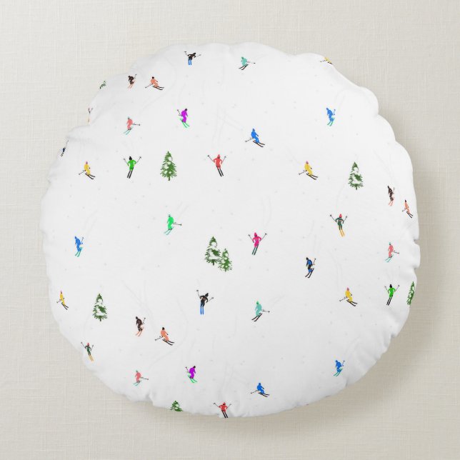 Winter Alpine Skiers Skiing Ski Skis Pattern Round Pillow (Front)