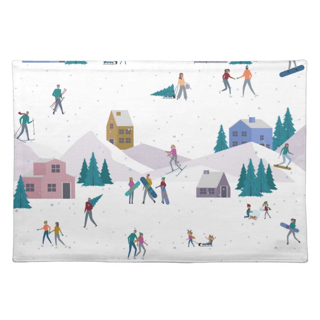Winter Alps holidays: active people seamless Cloth Placemat (Front)