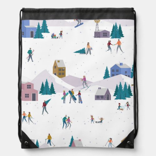 Winter Alps holidays active people seamless Drawstring Bag