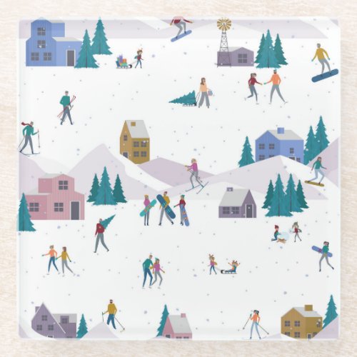 Winter Alps holidays active people seamless Glass Coaster