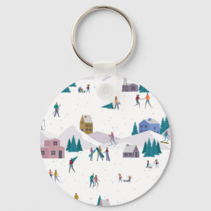 Winter Alps holidays: active people seamless Keychain