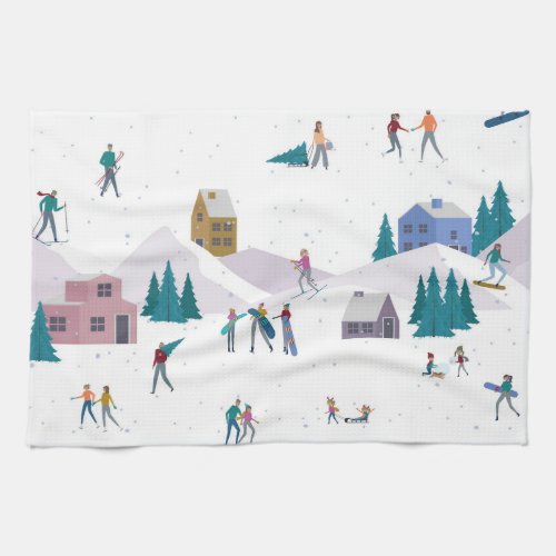 Winter Alps holidays active people seamless Kitchen Towel