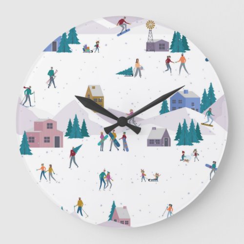 Winter Alps holidays active people seamless Large Clock