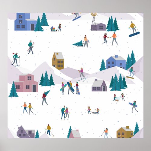 Winter Alps holidays active people seamless Poster
