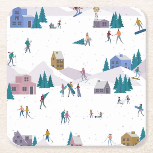 Winter Alps holidays active people seamless Square Paper Coaster
