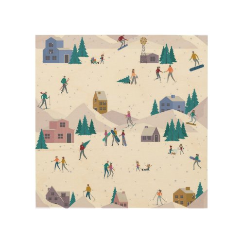 Winter Alps holidays active people seamless Wood Wall Art