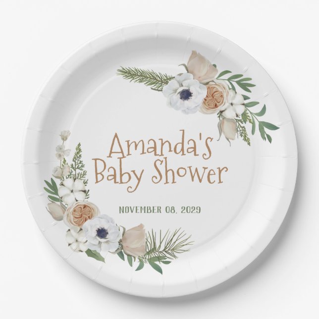 Winter Anemone Floral Cotton Pine Baby Shower Paper Plates (Front)