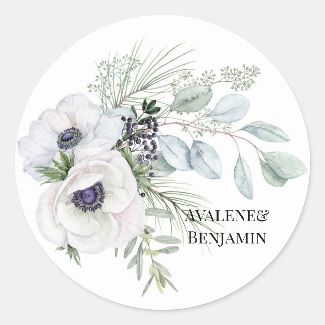 Winter Anemone Floral Hand Painted Wedding Classic Round Sticker (Front)