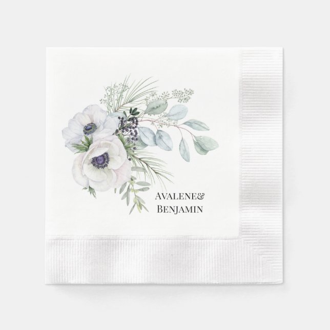 Winter Anemone Floral Hand Painted Wedding Napkins (Front)