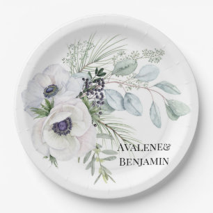 Winter Anemone Floral Hand Painted Wedding Paper Plates