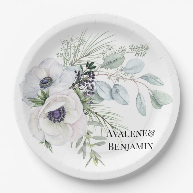 Winter Anemone Floral Hand Painted Wedding Paper Plates (Front)