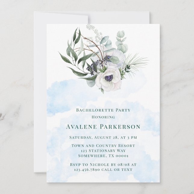 Winter Anemone Hand-Painted Bachelorette Party Invitation (Front)