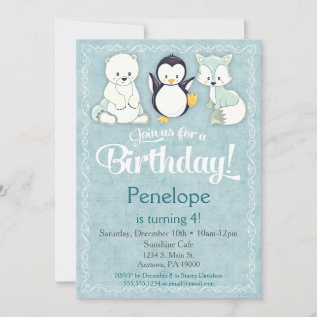 Winter Animal Birthday Invitation Bear Fox Penguin (Front)