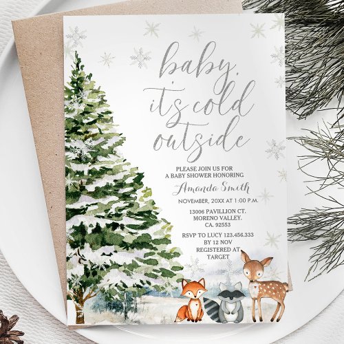 Winter Animal Evergreen Trees Baby Shower  Invitation