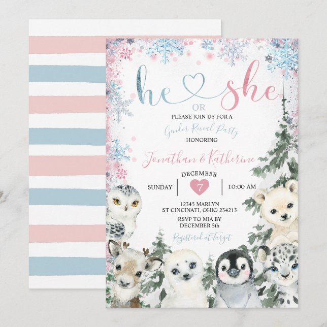 Winter Animal Gender Reveal He or She Snowflakes Invitation (Front/Back)