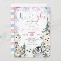 Winter Animal Gender Reveal He or She Snowflakes Invitation