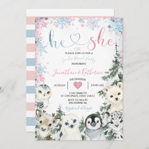 Winter Animal Gender Reveal He or She Snowflakes Invitation