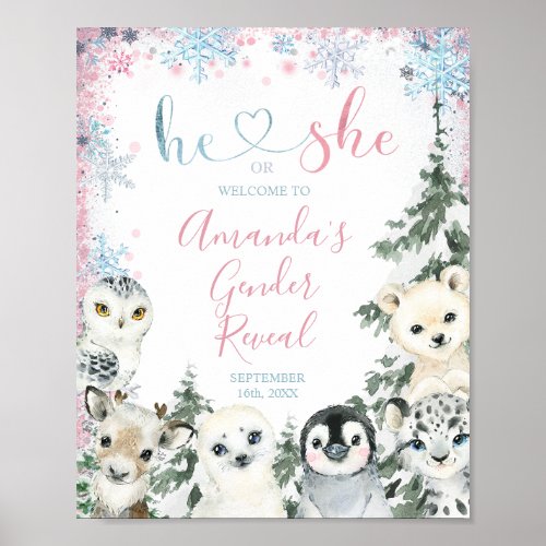 Winter Animal Gender Reveal He or She Snowflakes Poster