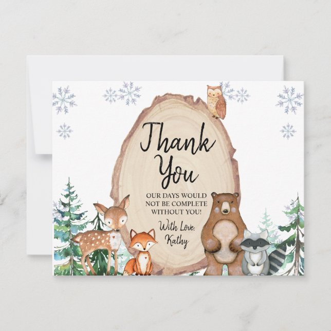 Winter Animal Gender Reveal He or She Woodland Tha Thank You Card (Front)