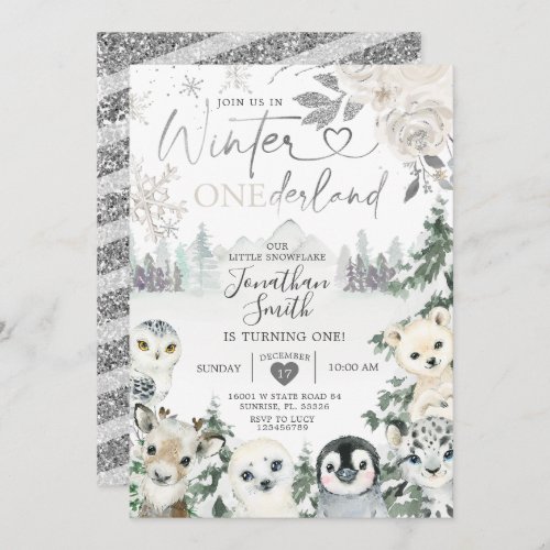 Winter Animal Onederland Snowflake 1st Birthday Invitation