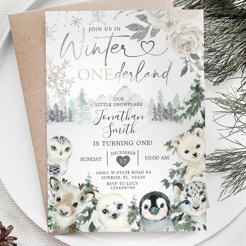 Winter Animal Onederland Snowflake 1st Birthday Invitation