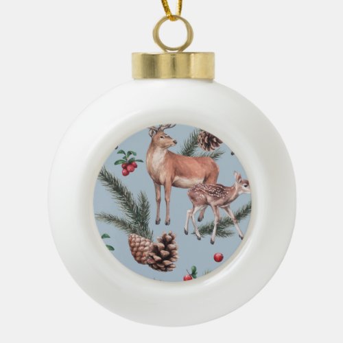 Winter animal sketch blue background ceramic ball christmas ornament