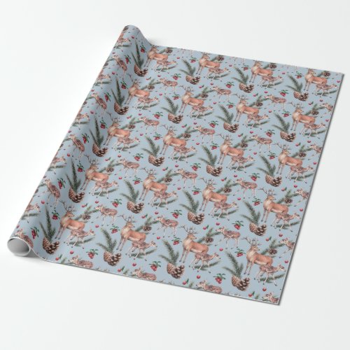 Winter animal sketch blue background wrapping paper