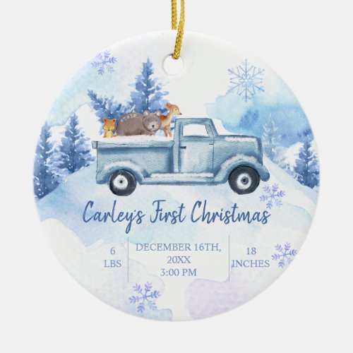 Winter Animal Truck Forest First Christmas Ceramic Ornament